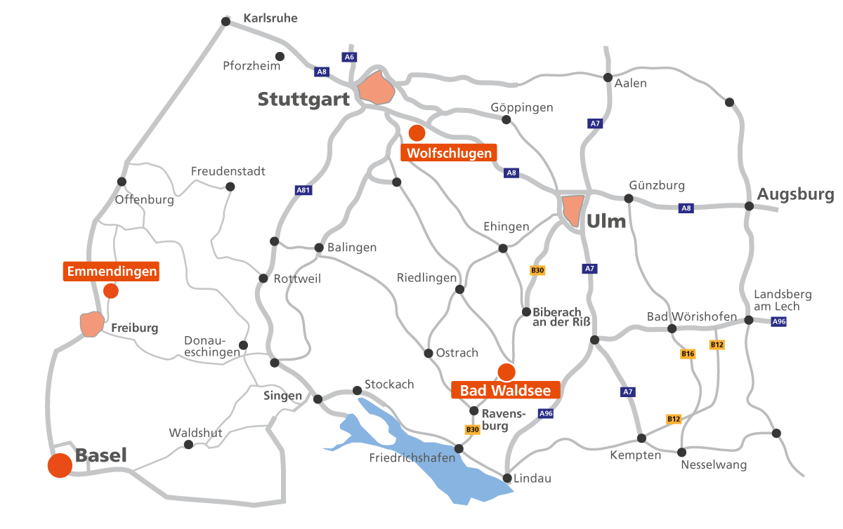 Standorte der NOLD Akademie in Bad Waldsee, Emmendingen und Wolfschlugen